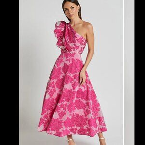 Showpo Hot Pink Floral One-Shoulder Midi Dress